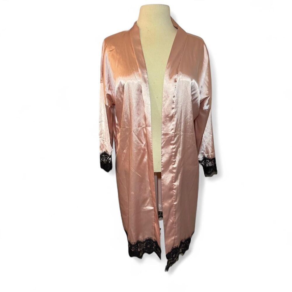 Unbranded Women's Satin Pink open front Robe with Black Lace Size XL